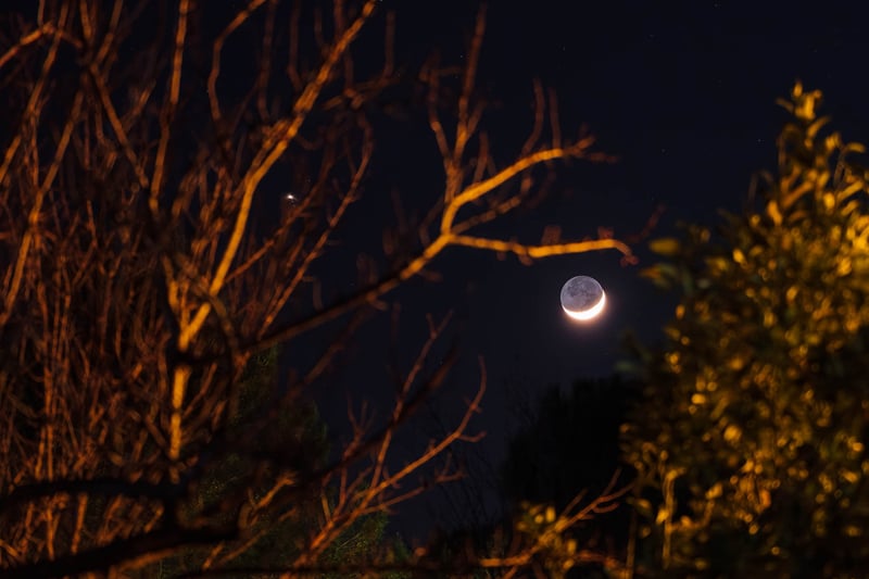 The crescent moon, Jupiter and the four Galilean moons.