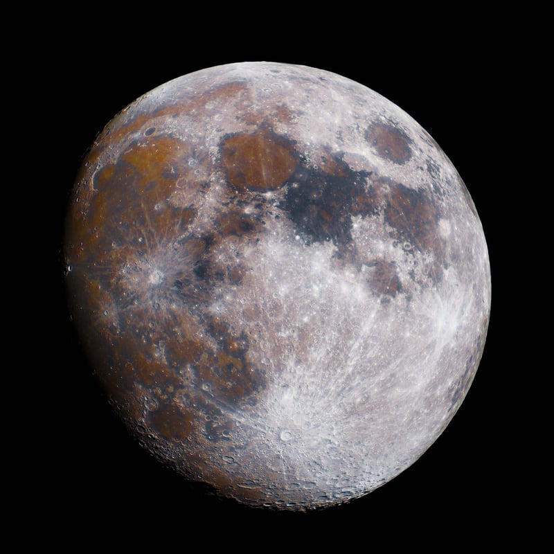 A waxing gibbous moon with enhanced colours.