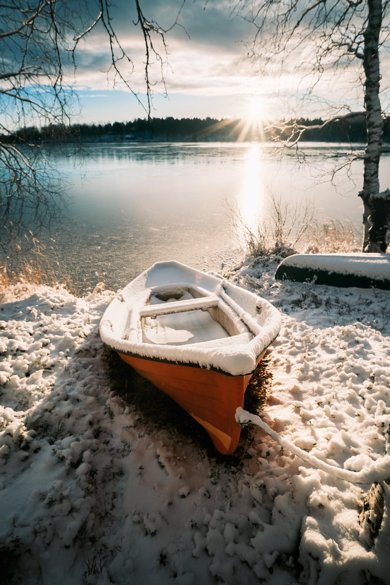 Snowy boat near the shore of a frozen lake.